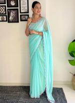 Georgette Sky Blue Casual Wear Embroidery Work Saree